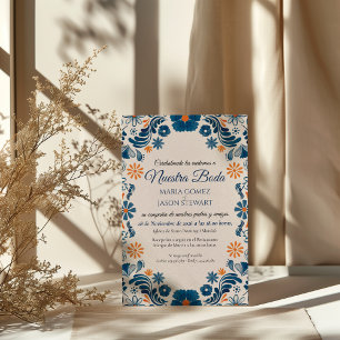 Invitation Mariage Espagnol Élégant Fleuriste Orange Bleu Fie