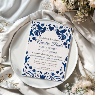 Invitation Mariage Espagnol Élégant Floral Bleu Otomi Fiesta