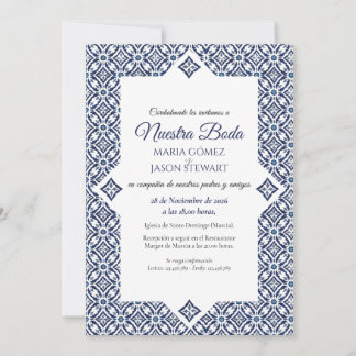 Invitation Mariage Espagnol Élégant Formel Talavera Blanc Mar