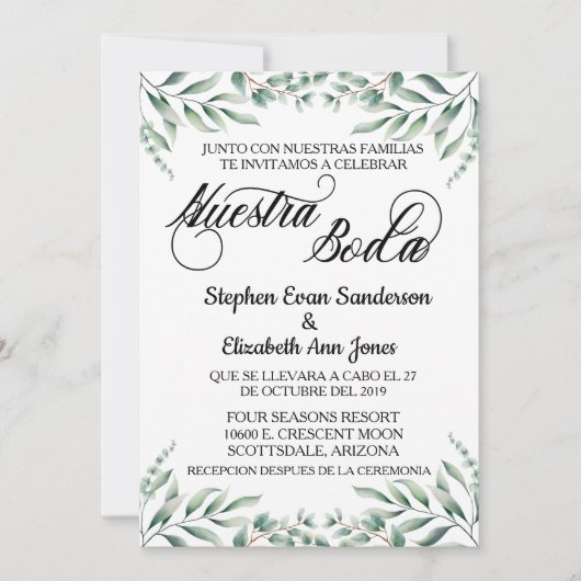 Invitation Mariage espagnol Eucalyptus Feuilles Nuestra Boda (Devant)