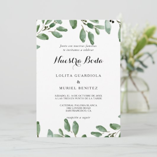 Invitation Mariage espagnol Eucalyptus Tropical (Debout devant)