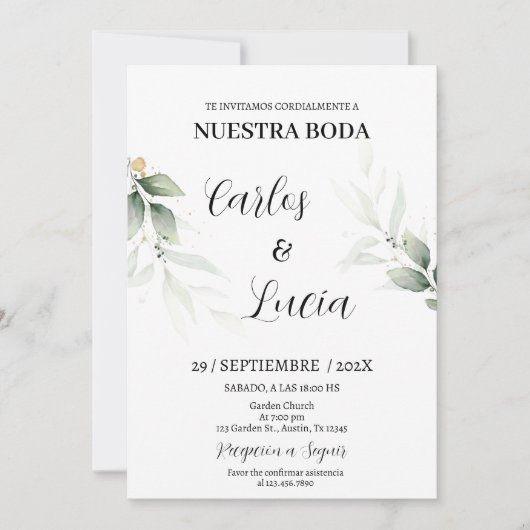 Invitation Mariage espagnol Eucalyptus vert (Devant)