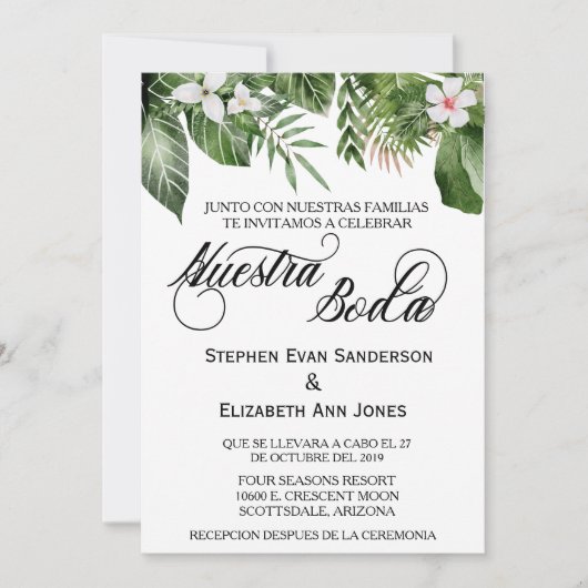 Invitation Mariage espagnol Feuilles tropicaux Nuestra Boda (Devant)