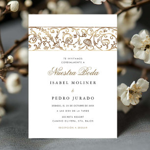 Invitation Mariage Espagnol Fleurs de Luxe en Or Nuestra Boda