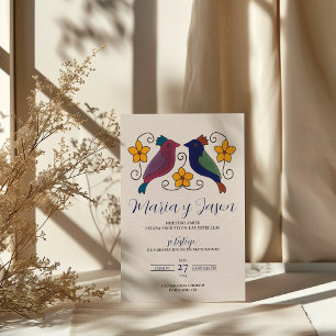 Invitation Mariage Espagnol Fleurs Magenta Bleu Marine Oiseau