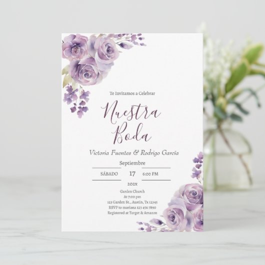 Invitation Mariage espagnol floral pourpre (Debout devant)