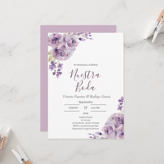 Invitation Mariage espagnol floral pourpre (Devant/Arrière en situation)