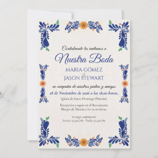 Invitation Mariage Espagnol Minimaliste Floral Bleu Marine Él
