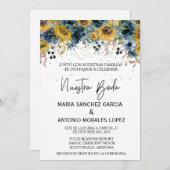 Invitation Mariage espagnol Nuestra Boda Blue Sunflower (Devant / Derrière)