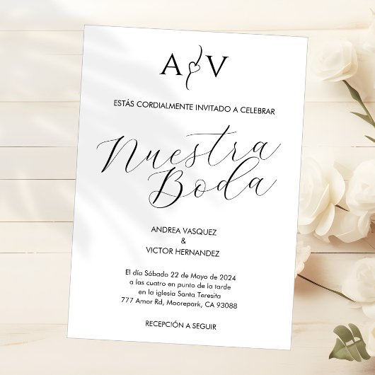 Invitation Mariage espagnol Nuestra Boda Monogramme minimalis