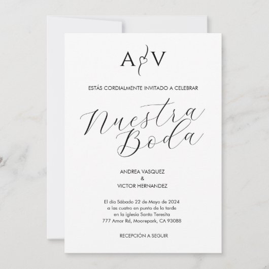 Invitation Mariage espagnol Nuestra Boda Monogramme minimalis (Devant)