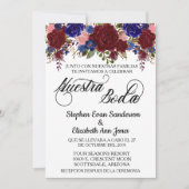 Invitation Mariage espagnol Rose Bourgogne Marine Nuestra Bod (Devant)