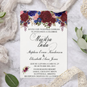 Invitation Mariage espagnol Rose Bourgogne Marine Nuestra Bod