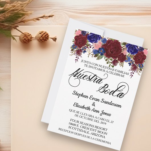 Invitation Mariage espagnol Rose Bourgogne Marine Nuestra Bod