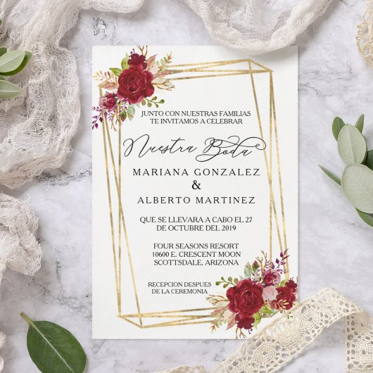 Invitation Mariage espagnol Rose Bourgogne Nuestra Boda Gold