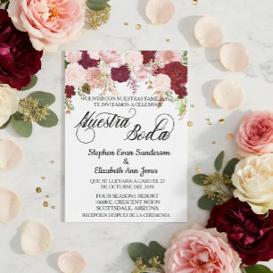 Invitation Mariage espagnol Rose Bourgogne rose Nuestra Boda