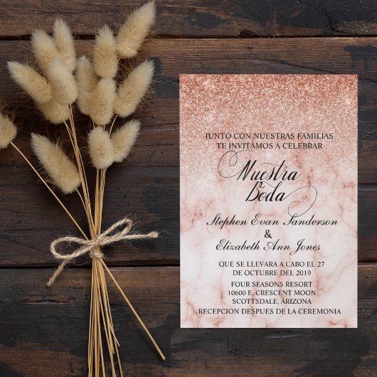 Invitation Mariage Espagnol Rose Gold Paillettes Marbre Éléga