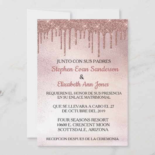 Invitation Mariage espagnol Rose Gold Parties scintillant Dri (Devant)