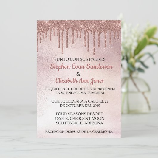 Invitation Mariage espagnol Rose Gold Parties scintillant Dri (Debout devant)