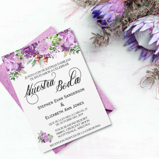 Invitation Mariage espagnol Rose pourpre lavande Nuestra Boda