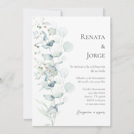 Invitation Mariage espagnol Sage Greenery (Devant)
