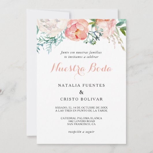 Invitation Mariage espagnol tropical rose moderne (Devant)