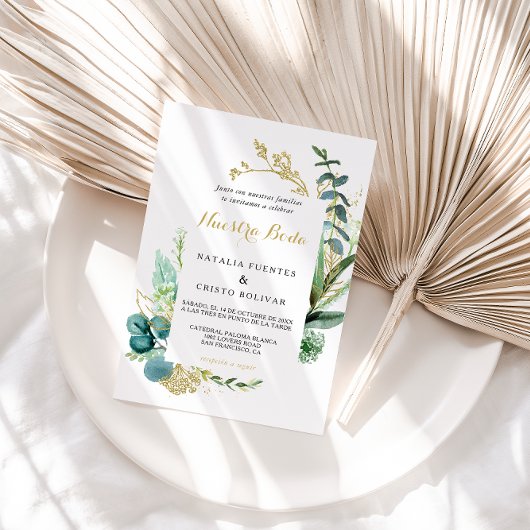 Invitation Mariage espagnol vintage Gold et Green Eucalyptus