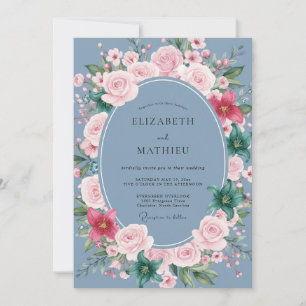 Invitation Mariage esthétique aux fleurs bleu poussiéreux