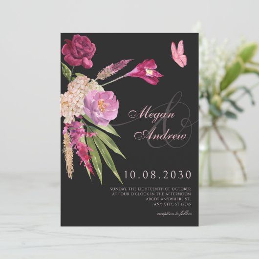 Invitation Mariage esthétique Floral noir (Debout devant)