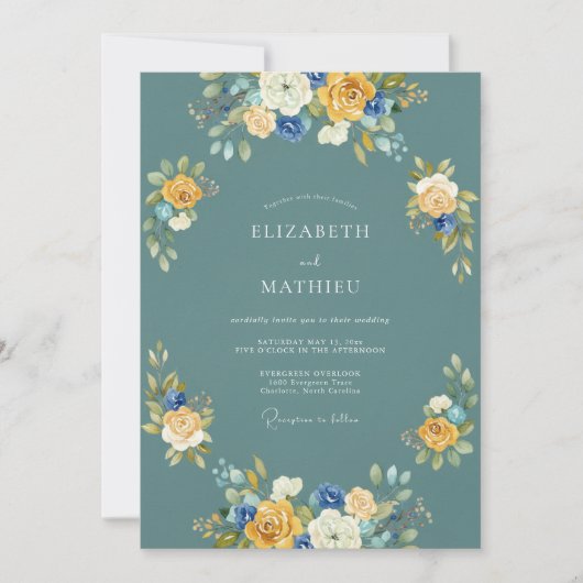 Invitation Mariage esthétique floral sarcelle (Devant)