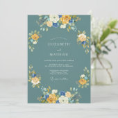 Invitation Mariage esthétique floral sarcelle (Debout devant)