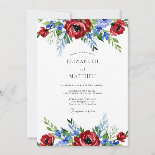 Invitation Mariage Estival aux Tons Rouges et Bleus dans un S