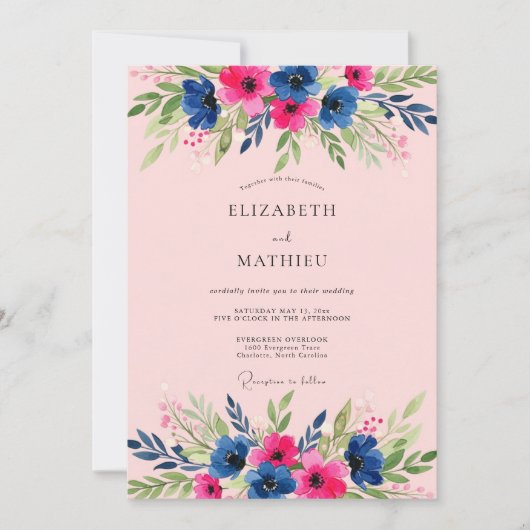Invitation Mariage estival radieux rose et marine (Devant)