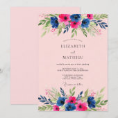 Invitation Mariage estival radieux rose et marine (Devant / Derrière)