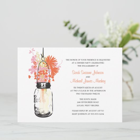 Invitation Mariage et Fiançailles au Pot Mason et Fleurs Sauv (Debout devant)