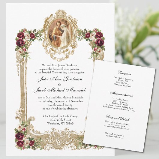 Invitation Mariage et réception Floral & Gold catholique