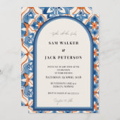 Invitation Mariage Été Bleu Rouge Et Blanc Marocain Carrelage (Devant / Derrière)