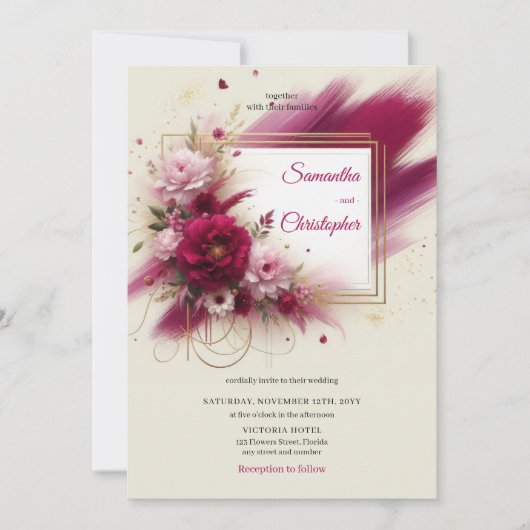 Invitation Mariage été fleur magenta et cadre faux or (Devant)