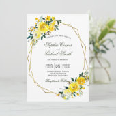 Invitation Mariage été jaune rose floral cadre or (Debout devant)