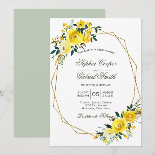 Invitation Mariage été jaune rose floral cadre or (Devant / Derrière)