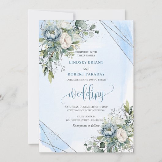 Invitation Mariage éternel Dusty Blue Silver Peonies (Devant)