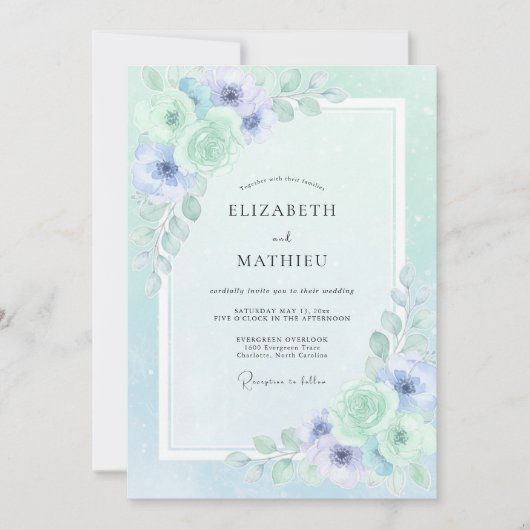 Invitation Mariage Ethéré à l'Anémone Vert Menthe (Devant)