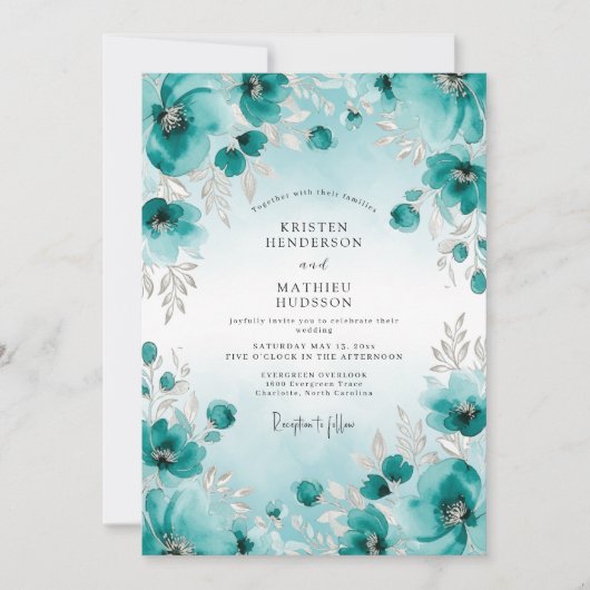 Invitation Mariage Éthéré Aquarelle Sarcelle (Devant)