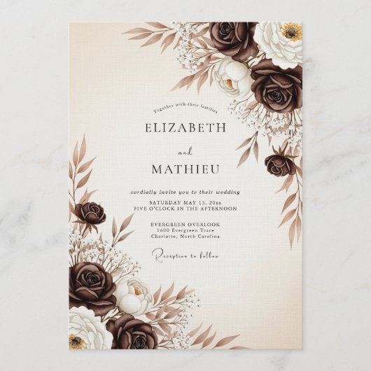 Invitation Mariage Éthéré aux Fleurs Brunes (Devant)