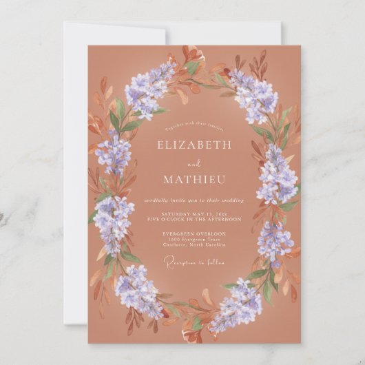 Invitation Mariage Éthéré aux Fleurs de Pourpre Poussiéreuse (Devant)