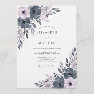 Invitation Mariage Éthéré Bleu Ardoise avec Fleurissement