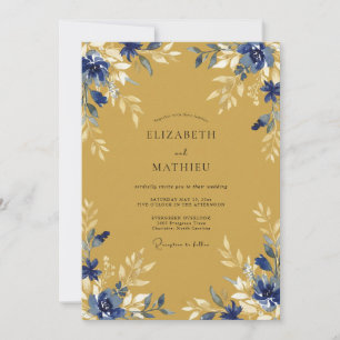 Invitation Mariage Éthéré Blue Gold Flourish