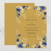 Invitation Mariage Éthéré Blue Gold Flourish (Devant / Derrière)