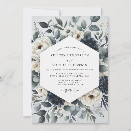 Invitation Mariage Éthéré Botanique Bleu Ardoise (Devant)