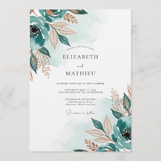 Invitation Mariage Éthéré Botanique Sarcelle (Devant)